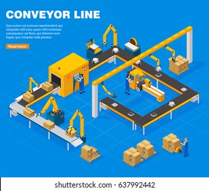 Conveyor line isometric concept with technology symbols on blue background vector illustration