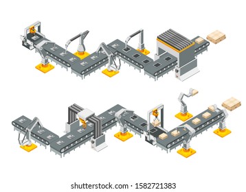 Conveyor lines of the automatic factory with robotic arms. Assembly process. Vector illustration