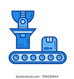 Conveyor loading vector line icon isolated on white background. Conveyor loading line icon for infographic, website or app. Blue icon designed on a grid system.