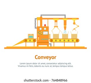 Conveyor Machine Fully Automatic Production Line Card Poster Flat Style Design Element for Factory. Vector illustration