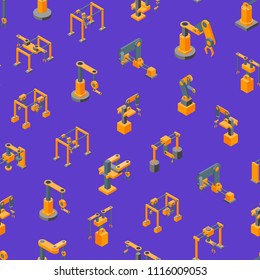 Conveyor Machines Robotic Hand Seamless Pattern Background Isometric View Industry Technology Concept for Web Design. Vector illustration of Robot Arm