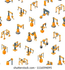 Conveyor Machines Robotic Hand Seamless Pattern Background On A White Isometric View Industry Technology Concept For Web Design. Vector Illustration Of Robot Arm