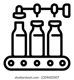 Conveyor with milk bottles line icon, dairy products concept, bottling line sign on white background, Pour milk factory icon in outline style for mobile concept, web design. Vector graphics