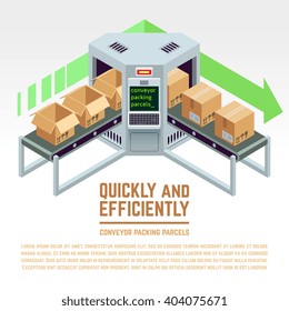 Conveyor packing parcels. Vector 3D isometric concept. Conveyor factory, conveyor distribution, industry conveyor illustration