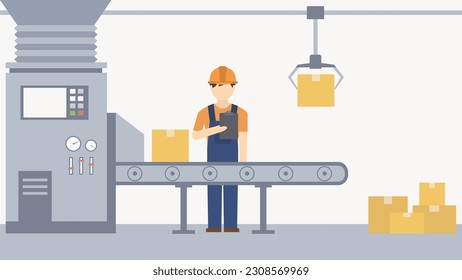 Conveyor of parcels. Control of the shipment of goods. Delivery company. Flat illustration vector.