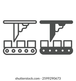 Conveyor with plank cutting machine line and solid icon, forest industry concept. Vector graphics. Hardwood mill, manufacturing sign on white background, outline style icon for mobile or web design