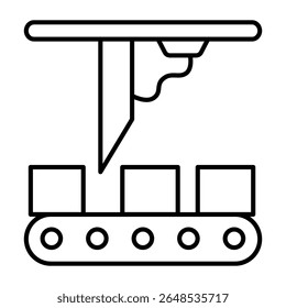 Transportador com máquina de corte de prancha ícone de linha fina, conceito da indústria florestal. Gráficos vetoriais. Moinho de madeira dura, sinal de fabricação em fundo branco, estilo móvel ou design
