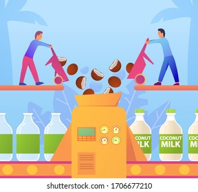 Conveyor producing coconut milk. Plant for the packaging of vegetable milk. Flat illustration vector.Website banner concept.