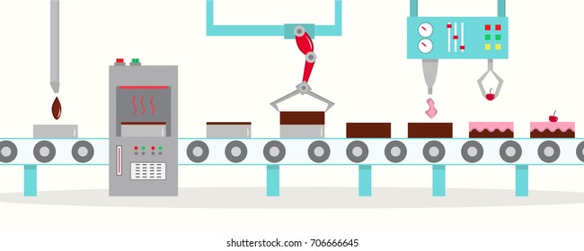 The conveyor for the production of cakes with cherries. The factory of cakes. Flat style, vector illustration.