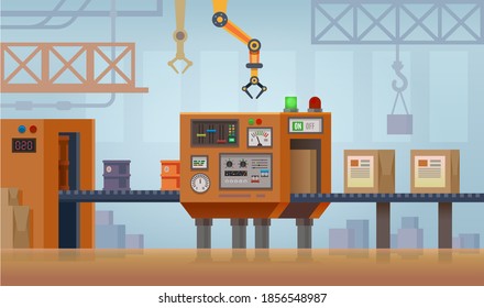 Conveyor production factory line, vector cartoon illustration. Production machine with robot arms and product package boxes on conveyor belt, manufacture industry flat design