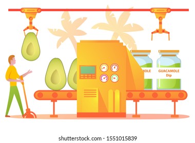 Conveyor production of guacomole from avocado. Plant workshop and worker. Cooking mexican dip sauce.Vector cartoon flat illustration.