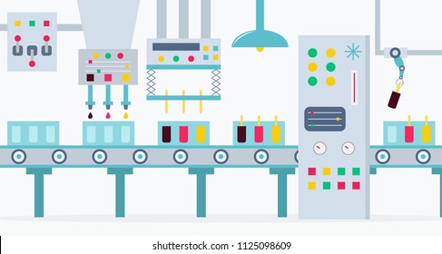 The conveyor for the production of ice creams with chocolate, strawberry and lemon.  Flat cartoon style illustration. The factory of ice creams.