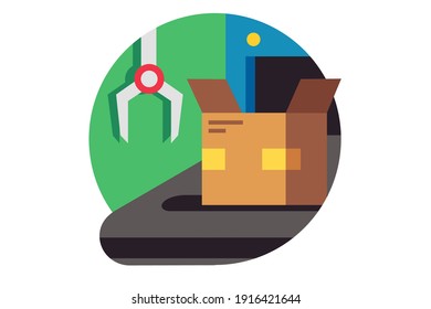 Conveyor production line with open box and a claw, packaging concept isolated on white background vector illustration