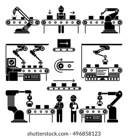Conveyor production manufacturing line and workers vector icons. Black silhouette process automation on factory illustration