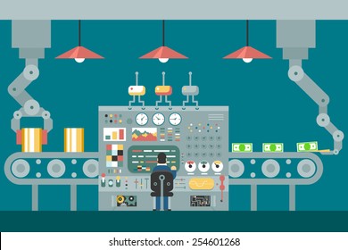 Conveyor robot manipulators work businessman in front of control panel analysis production development study flat design concept illustration