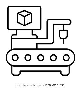 Transportador, braço robótico, broca, controle remoto monitor ícone de linha fina, conceito de fabricação, sinal de mão robô no fundo branco, ícone de estilo de contorno para design móvel e web. Gráficos vetoriais