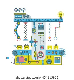 Conveyor robotic system with manipulators. Technlology process vector flat concept. Manufacturing process on conveyor, illustration factory conveyor system