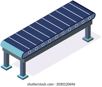 Conveyor rollers for process line. Continuous moving machine, transporter in isometric style isolated on white background. Equipment for work in enterprise. Tape, program conveyor vector illlustration