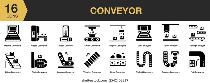 Conveyor solid icon set. Includes lifting, magnet, pipe, slat, sorting, stone, vibration, and More. Solid icons vector collection.
