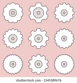 Conveyor sprockets with different number of teeth. Flat icons