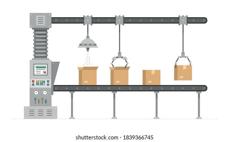 Steuerungssystem. Automatisierte Produktionslinie. Konzept der Roboterindustrie. Industriemaschine. Förderautomat mit Kartonboxen 