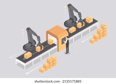 Conveyor system concept. Automation of production and sorting of products, industrial factory and machinery. Worker controls processes, engineer at workplace. Cartoon isometric vector illustration