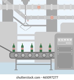 Conveyor system with wine in flat design. Vector illustration