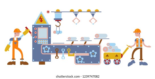 Conveyor system with workers. Factory production line. Colorful flat vector illustration. Isolated on white background.