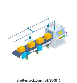 Conveyor Vector Illustration. Isometric Industrial Production Line Packaging New Goods. Production Line With Conveyor Belt.