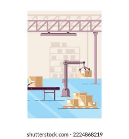 Conveyor in warehouse flat vector illustration. Work of line of automatic box packing. Digital machines. Factory, automation manufacturing process concept