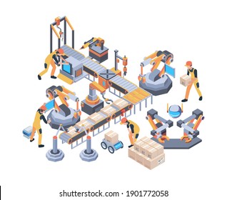 Conveyors Belt. Machinery Packaging Moving Wheel Industry Line Vector Factory Isometric