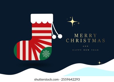 A conveys a festive message with Merry Christmas and Happy New Year text written in elegant gold and white fonts against a dark blue background. A large red Christmas stocking