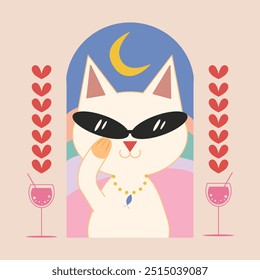 conveys a stylish and fashionable cat under the moonlight, suggesting a sense of elegance and mystery in a nighttime setting.