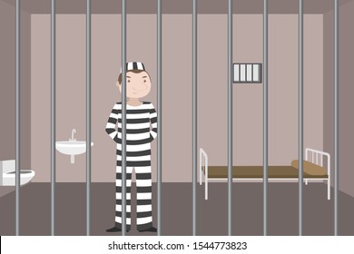 Convict in jail cell. Cartoon. Vector illustration.