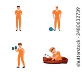 Convicted icons set cartoon vector. Male prisoner engaged in various activities. Crime, serving sentence