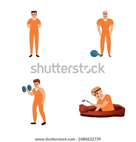 Convicted icons set cartoon vector. Male prisoner engaged in various activities. Crime, serving sentence