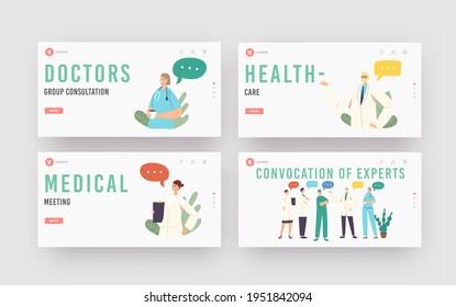 Convocation of Experts Landing Page Template Set. Hospital Healthcare Staff Meet for Concilium. Doctor Characters in Medical Robe Discuss Issues with Speech Bubbles. Cartoon People Vector Illustration