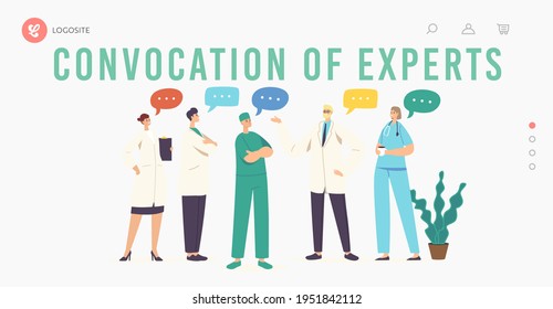 Convocation of Experts Landing Page Template. Hospital Healthcare Staff Meet for Concilium. Doctor Characters in Medical Robe Discuss Issues with Speech Bubbles. Cartoon People Vector Illustration