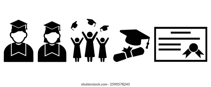 Convocation Icon Set. Graduation Icon Set. Diploma Symbol set. Student Convocation Silhouette Boys and Girls icon.