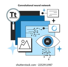 Convolutional artificial neural network. Self-learning computing system for data processing. Deep machine learning modern technology. Flat vector illustration