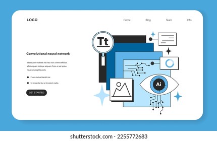 Convolutional artificial neural network web banner or landing page. Self-learning computing system for data processing. Deep machine learning modern technology. Flat vector illustration