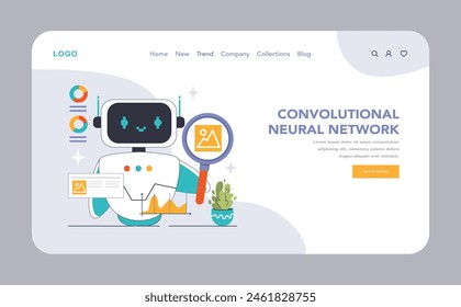 Convolutional Neural Network theme. Friendly robot analyzing image data, showcasing deep learning process. Image recognition, data interpretation. Flat vector illustration.