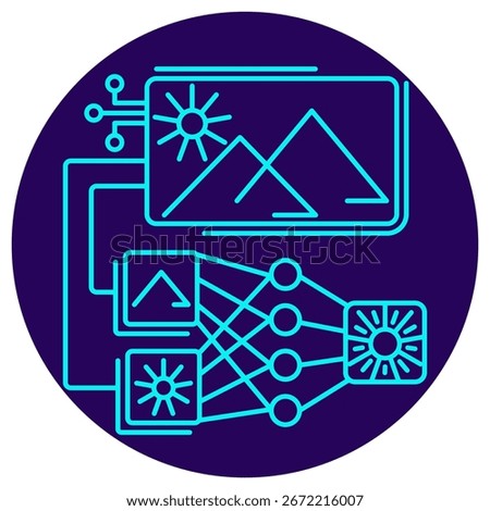 Convolutional Neural Networks (CNN) icon. Vector illustration showing neural network connections analyzing an image with mountains and sun. Thin line blue outline style on circular background