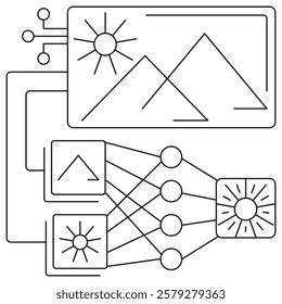 Convolutional Neural Networks icon. Simple outline monochrome black vector pictogram with thin lines on a transparent background. Line thickness is editable