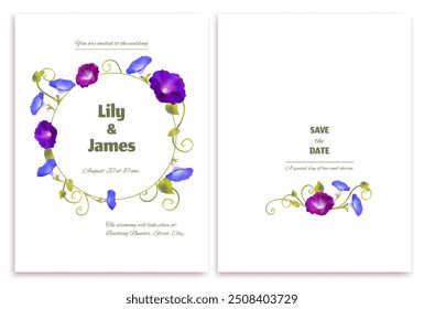 Convólvulo. Algas. Flores silvestres. Plantas de ganchillo. Ilustración vectorial de color. invitación de Boda. Marco decorado con flores.