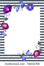 Convolvulus. Wild flowers. Vector illustration. Crocheted plants. Blue.  Frame. Border. Strips. Beautiful background. Leaves. Curls.