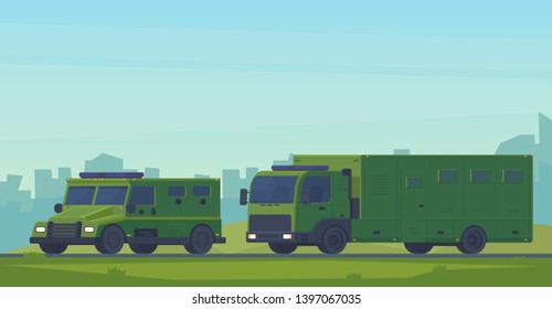  Convoy with armored police van heavy car and mobile truck prison. Swat car special military off road truck. Police special transport for the transport and protection of prisoners and arrested.