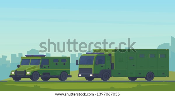  Convoy with armored police van heavy car and\
mobile truck prison. Swat car special military off road truck.\
Police special transport for the transport and protection of\
prisoners and arrested.