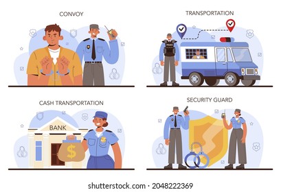 Convoy concept. Transportation of a criminal in an armored truck. Money collecting and protection. Escort of professional security guards in a bulletproof uniform. Vector isolated illustration.