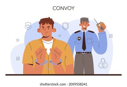 Convoy concept. Transportation of a criminal in an armored truck. Money collecting and protection. Escort of professional security guards in a bulletproof uniform. Vector isolated illustration.